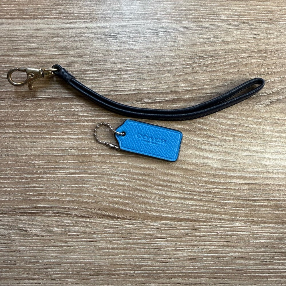 Coach Blue Leather Key Tag with Black Wrist Strap
